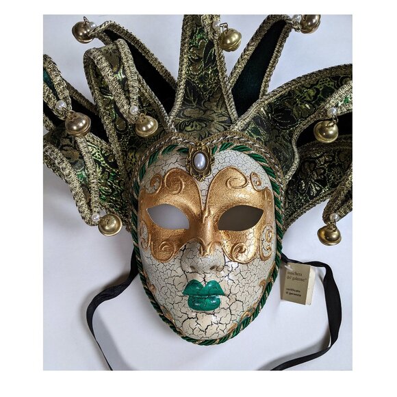 Vintage Authentic Venetian Mask Full Face Mardi Gras Carnival Jester with Tag - Picture 2 of 8